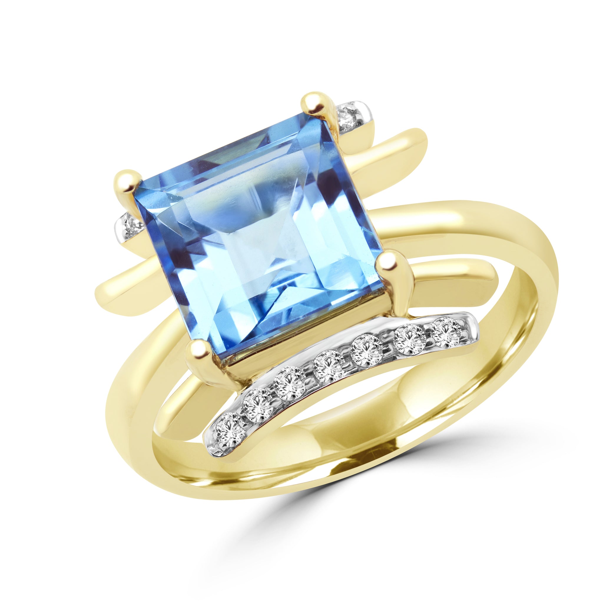 Emerald cut blue topaz & diamond cocktail ring in 10k yellow gold