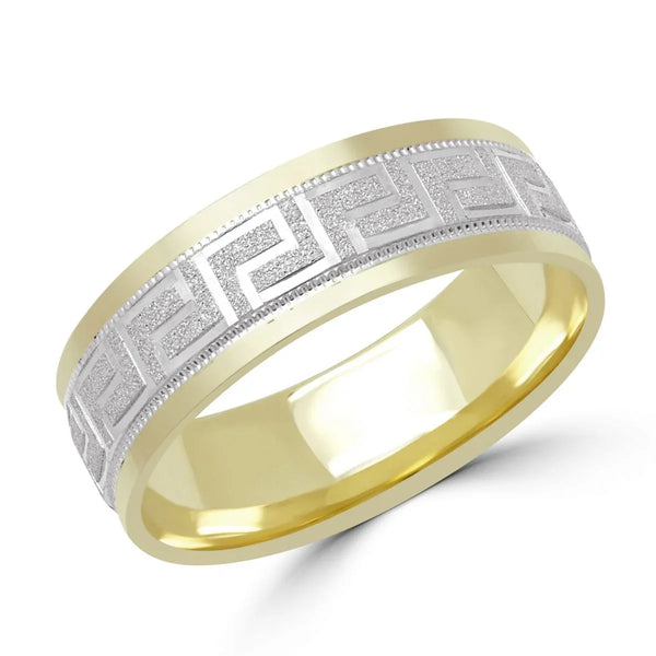 Wedding Band Greek Key Design Center Sandblasted Finish 6mm