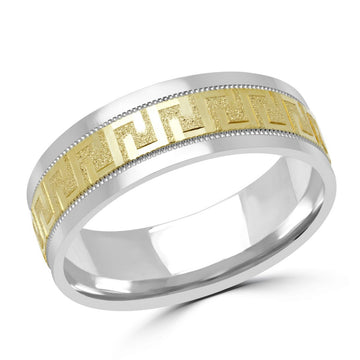 Greek Key Milgrain Yellow & White Gold Wedding Band 6mm
