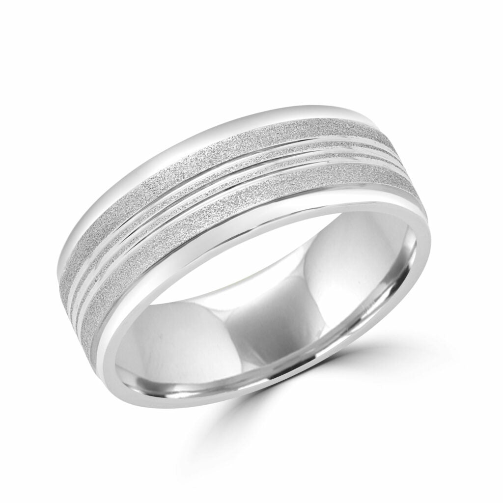 Brushed lines style white gold wedding band 8mm