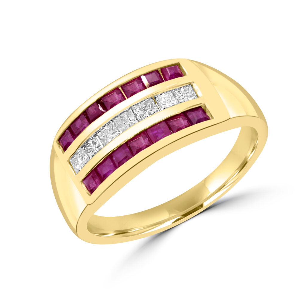 Princess cut diamond semi-Eternity ring with three row of rubies 0.38 (ctw) in 10k yellow gold