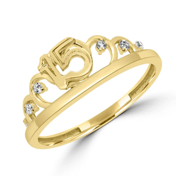 Elegant 10k Yellow Gold CZ Quinceañera Ring – Size 4.5, Featuring Number 15 With Cubic Zirconia Halo