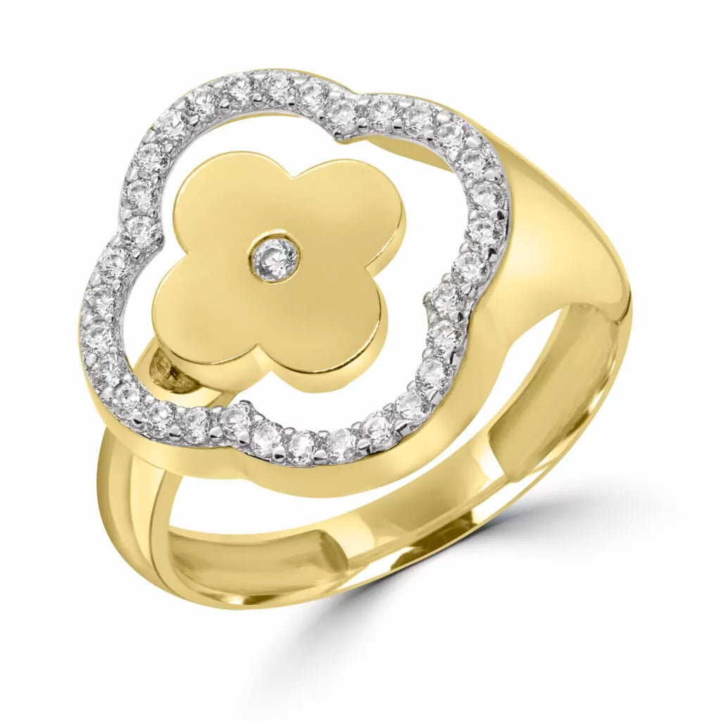 10K yellow gold clover design ring with CZ