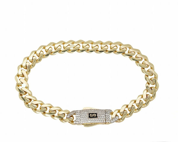 Monaco Cuban link bracelet 8″ 7.7mm 10K Yellow Gold  with CZ