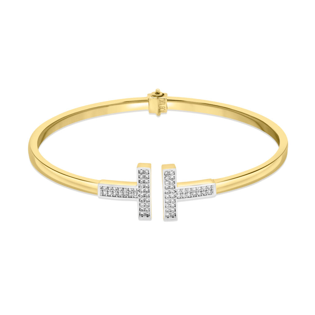 10k Yellow gold T design bangle bracelet with Cubic Zirconia