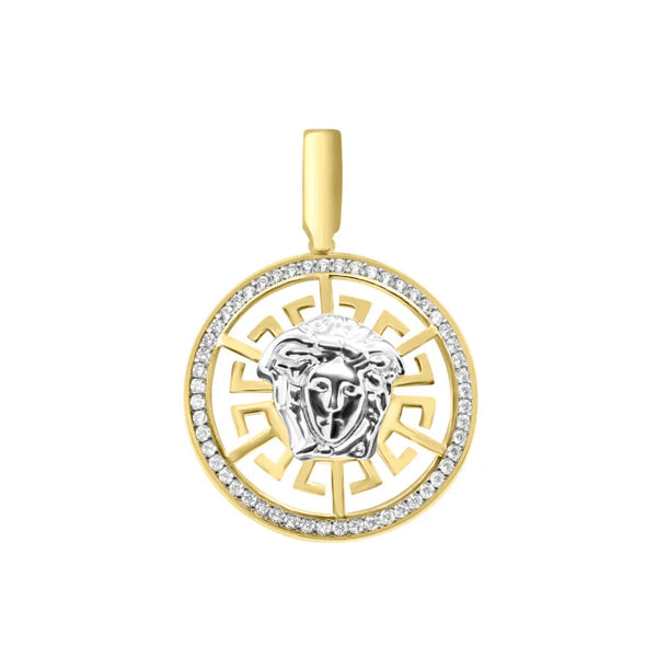 10K White & yellow gold greek key medusa design pendant with CZ