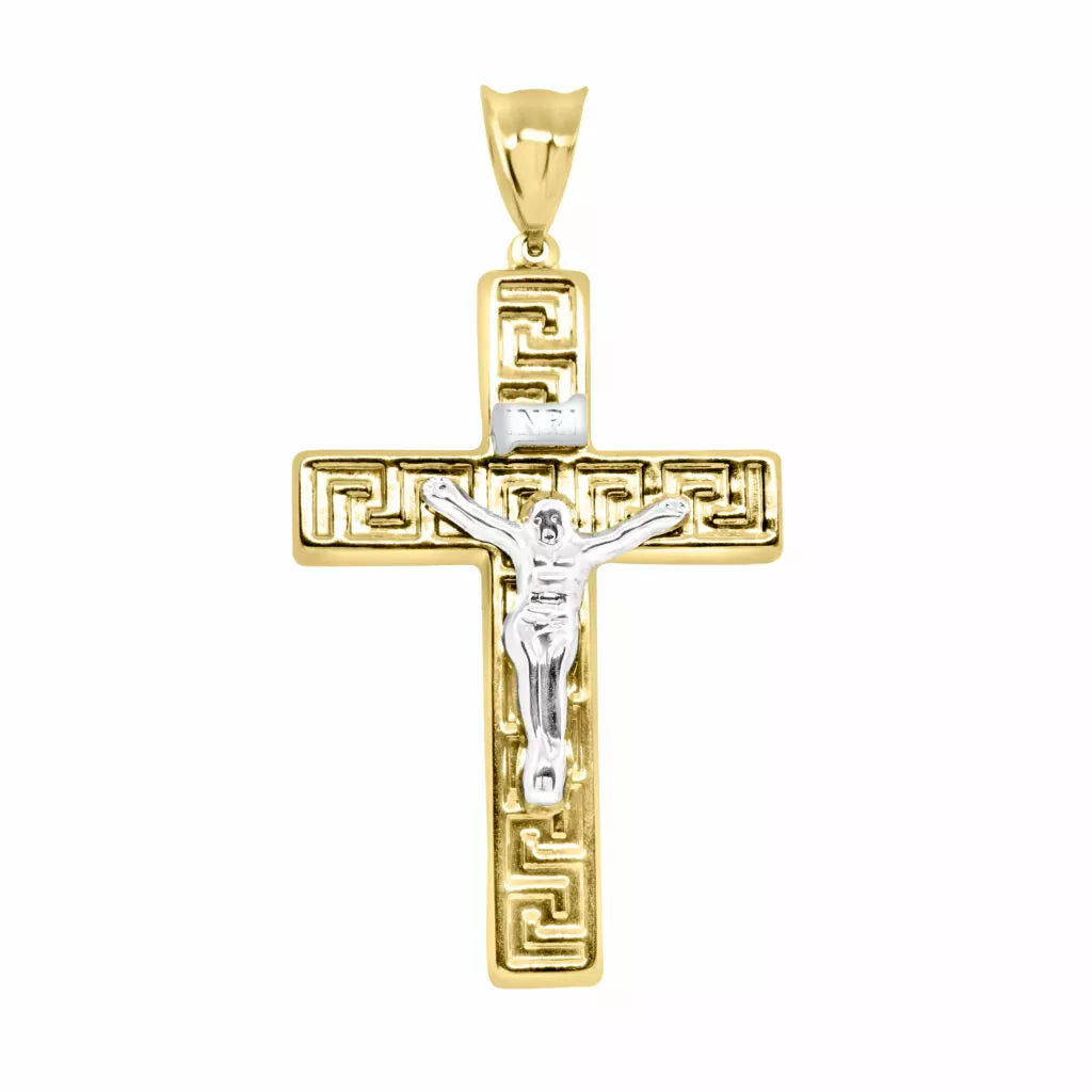 10K White & yellow gold cross greek key design pendant | 16″ chain included