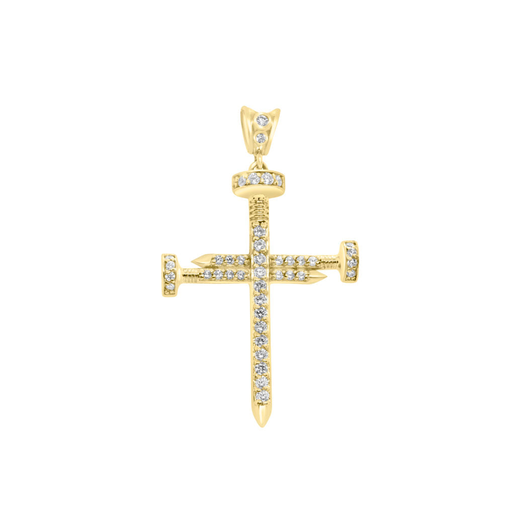 10K Yellow gold cross pendant nail design with CZ