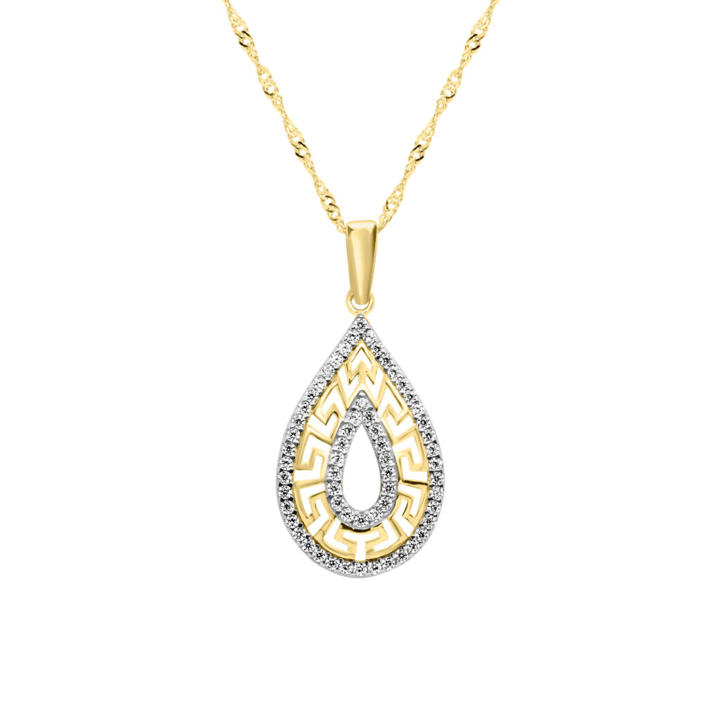 10K Yellow & white gold tear drop greek key pendant with CZ | 18″ chain included
