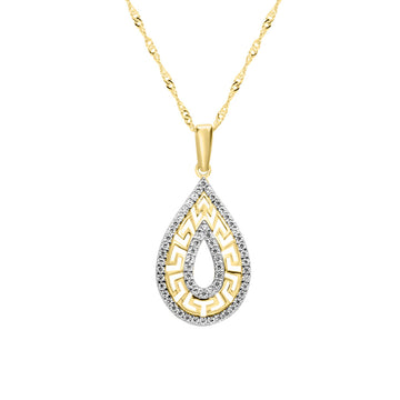 10K Yellow & white gold tear drop greek key pendant with CZ | 18″ chain included