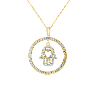 10K Yellow gold hand of love circle pendant with CZ