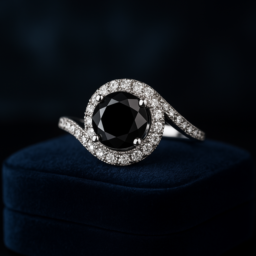 Bague de fiançailles diamant noir 1,43 + 0,44 (ct) en or blanc 14 carats