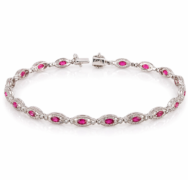 14k White Gold Bracelet with   Natural Diamonds Marquise-Cut Ruby