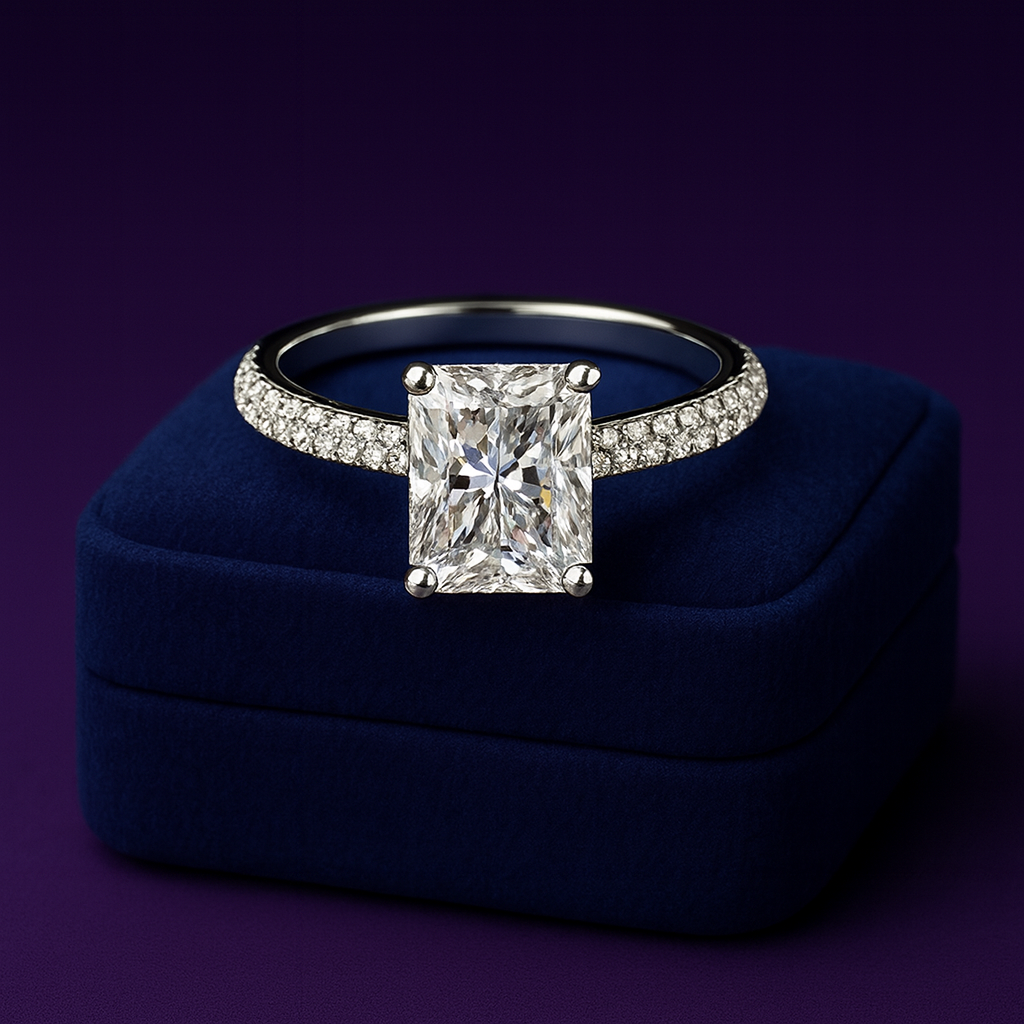 Pave setting Radiant cut lab-grown solitaire diamond 2.96 (ctw) in 14k gold
