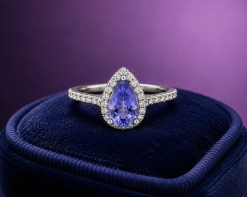 Pear shape tanzanite 1.26 CT 0.38 CT Diamonds halo ring 14k white gold