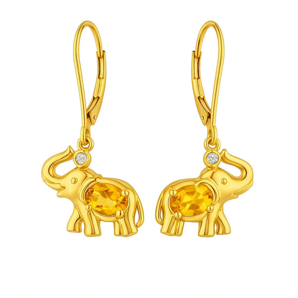 14k Yellow gold Citrine & diamond elephant design earrings 0.02 (ctw)