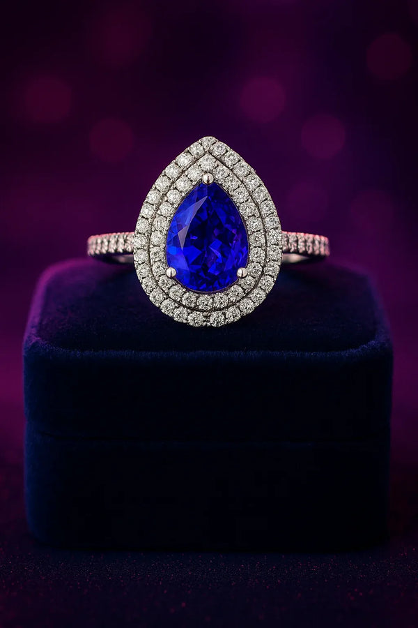 Pear shape tanzanite 1.00 CT 0.54 CT Diamonds halo ring 14k white gold
