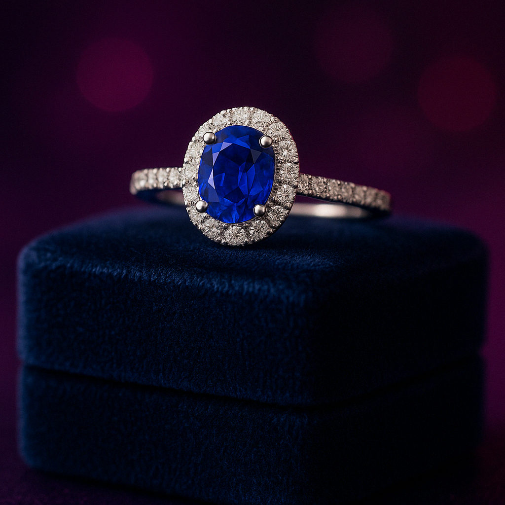 Bright blue sapphire halo ring in 1.48 (ctw) in 14k white gold