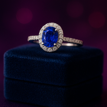 Bright blue sapphire halo ring in 1.48 (ctw) in 14k white gold