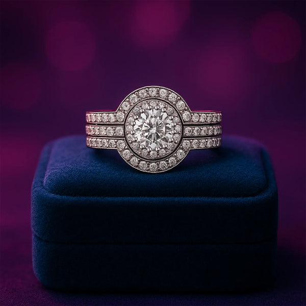 Unique halo ring with two matching bands 0.96 (ctw)14k white gold