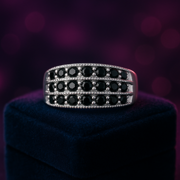 14k white gold semi-eternity ring with tree rows of black diamonds