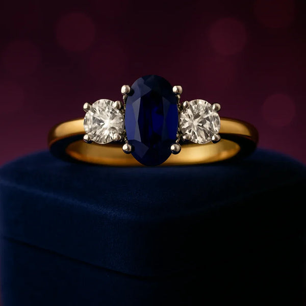 3 Stone Engagement Ring with Diamonds and Sapphires in 14k Yellow Gold