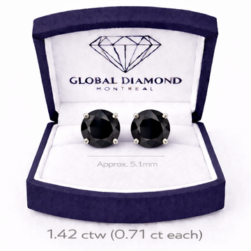 Black diamond screw back stud earrings total 1.42 carat 14k white