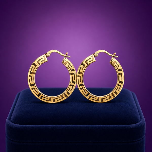 10K Yellow gold hoop Greek Key design earrings
