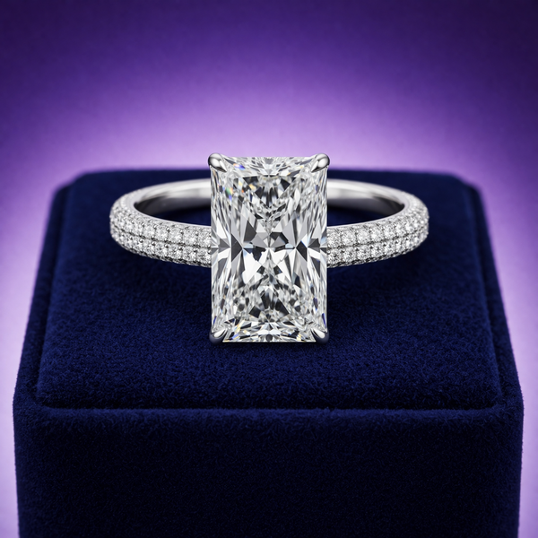 Pave setting Radiant cut lab-grown solitaire diamond 2.96 (ctw) in 14k gold