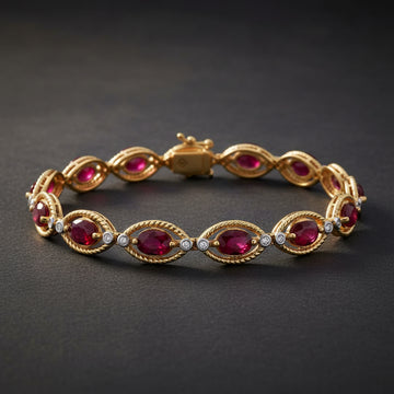 Bracelet en or jaune 14 carats avec diamants et rubis taille marquis de 9,7 carats
