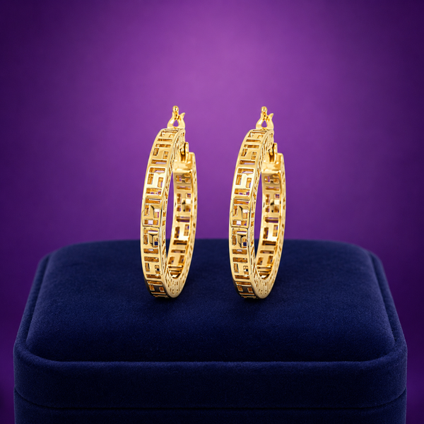 10K Yellow gold hoop Greek Key design earrings