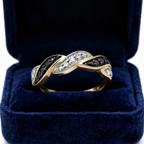 Feminine black and white diamond ring 10k yellow gold