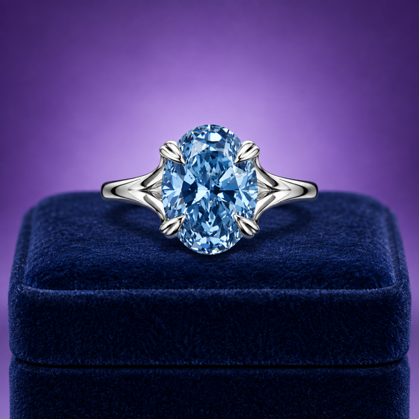 Fancy blue Oval cut lab-grown solitaire diamond ring 3.00 (ctw)  VVS2  D 14k gold