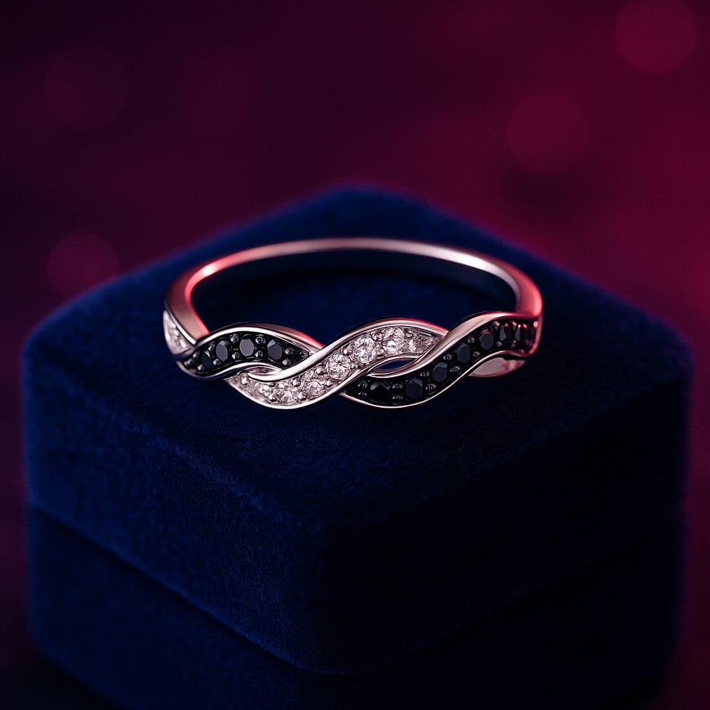 Feminine black and white diamond ring 10k white gold