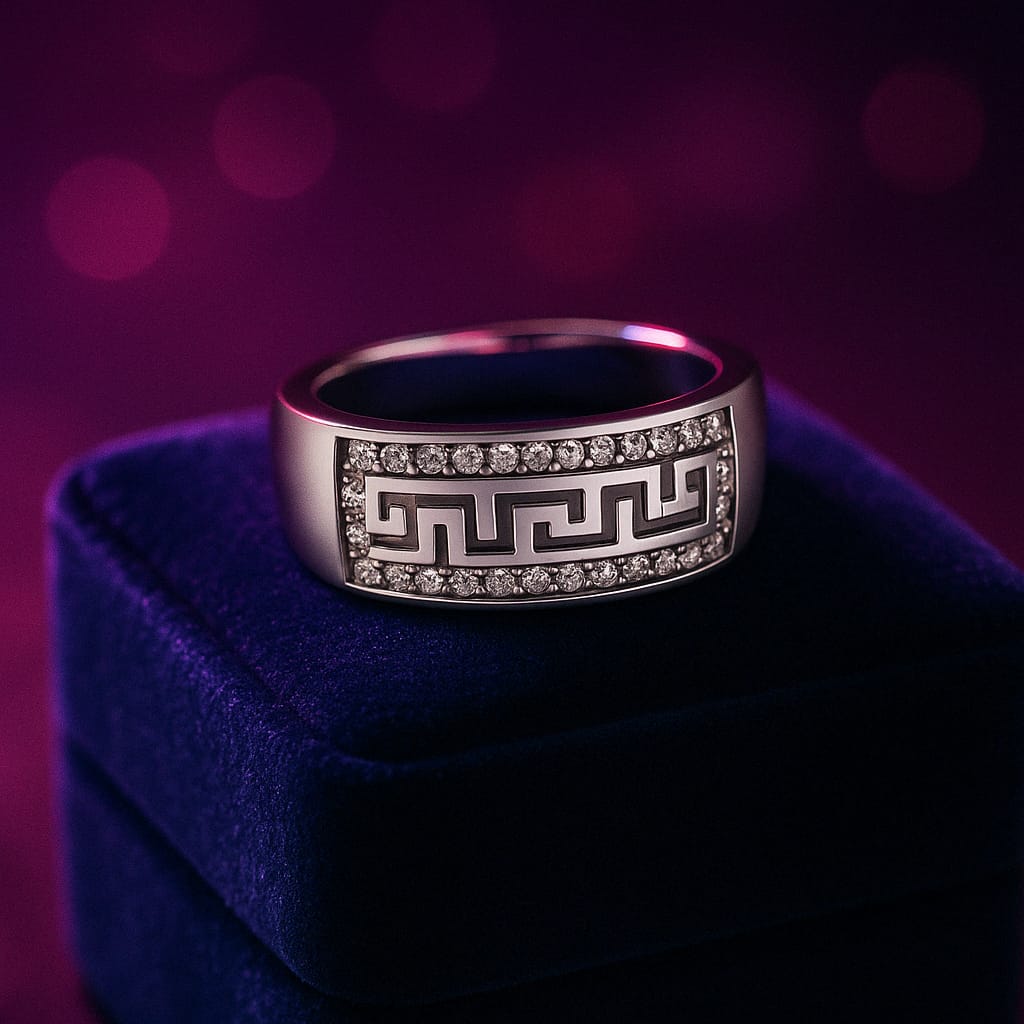 Diamond greek key anniversary ring in 14k white gold
