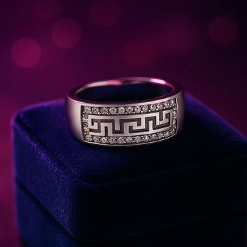 Diamond greek key anniversary ring in 14k white gold