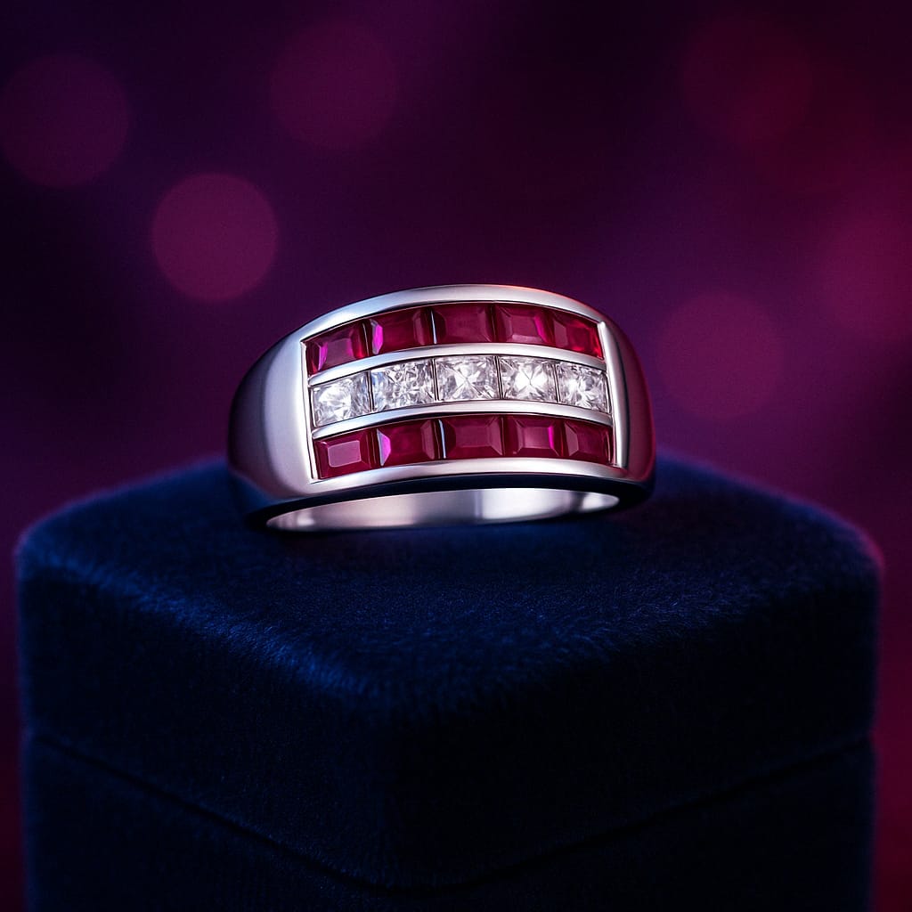Princess cut diamond semi-Eternity ring with three row of rubies 0.38 (ctw) in 10k yellow gold