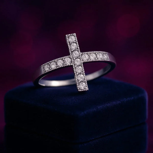 Elegant cross diamond ring in 14k white gold