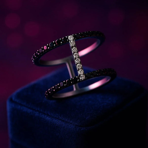 Semi-eternity black and white diamond ring in 14k white gold