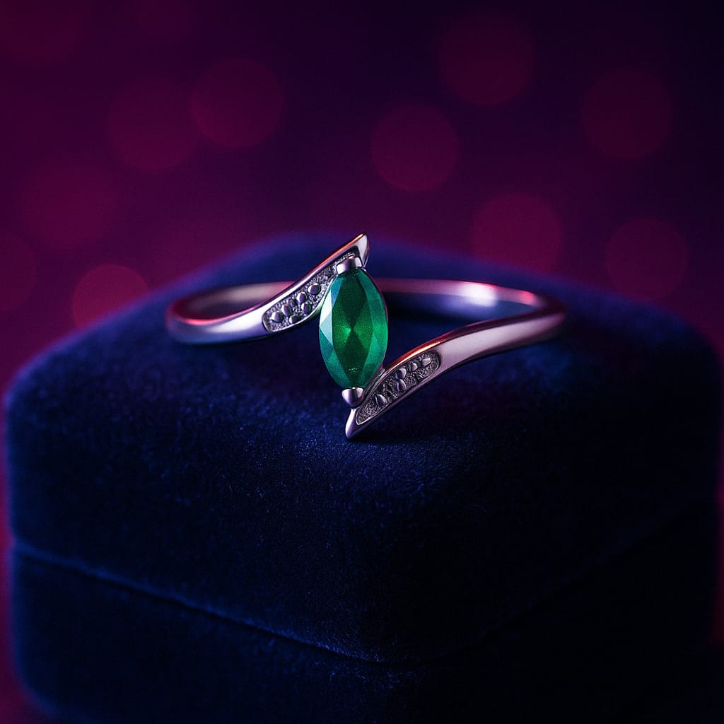 Marquise cut emerald & diamond cocktail ring in 10k white gold