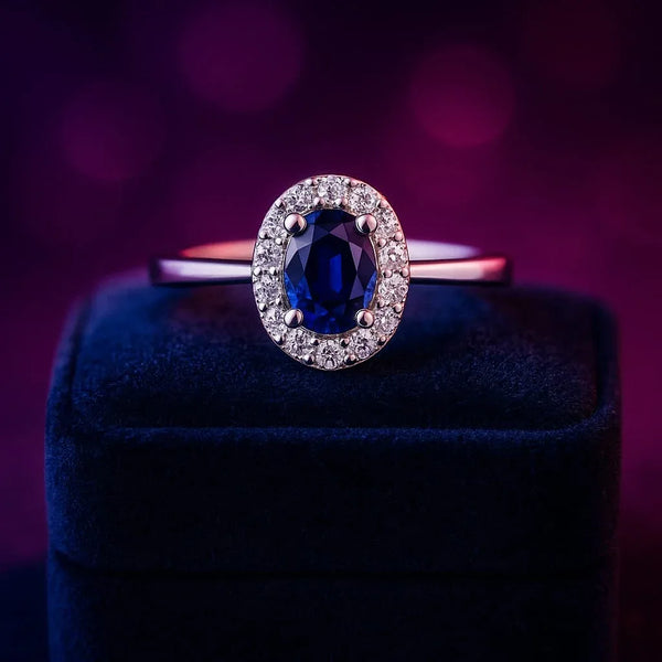 0.48 carat sapphire 0.18 carat diamonds halo ring 10k white gold