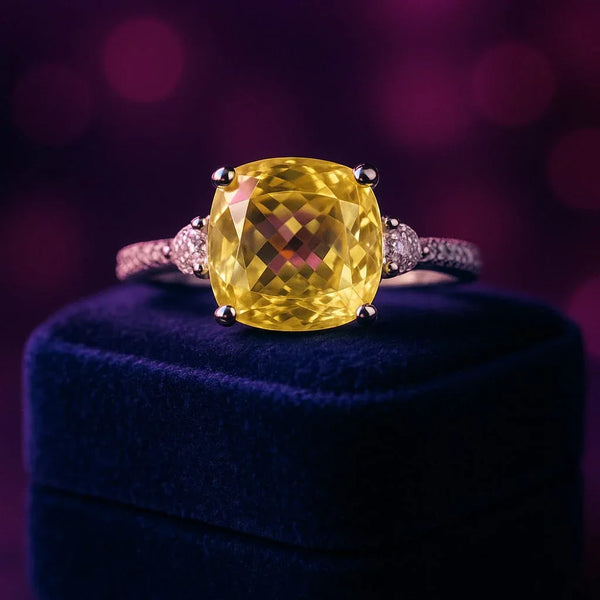 Cushion cut yellow CZ & diamonds cocktail ring in white gold