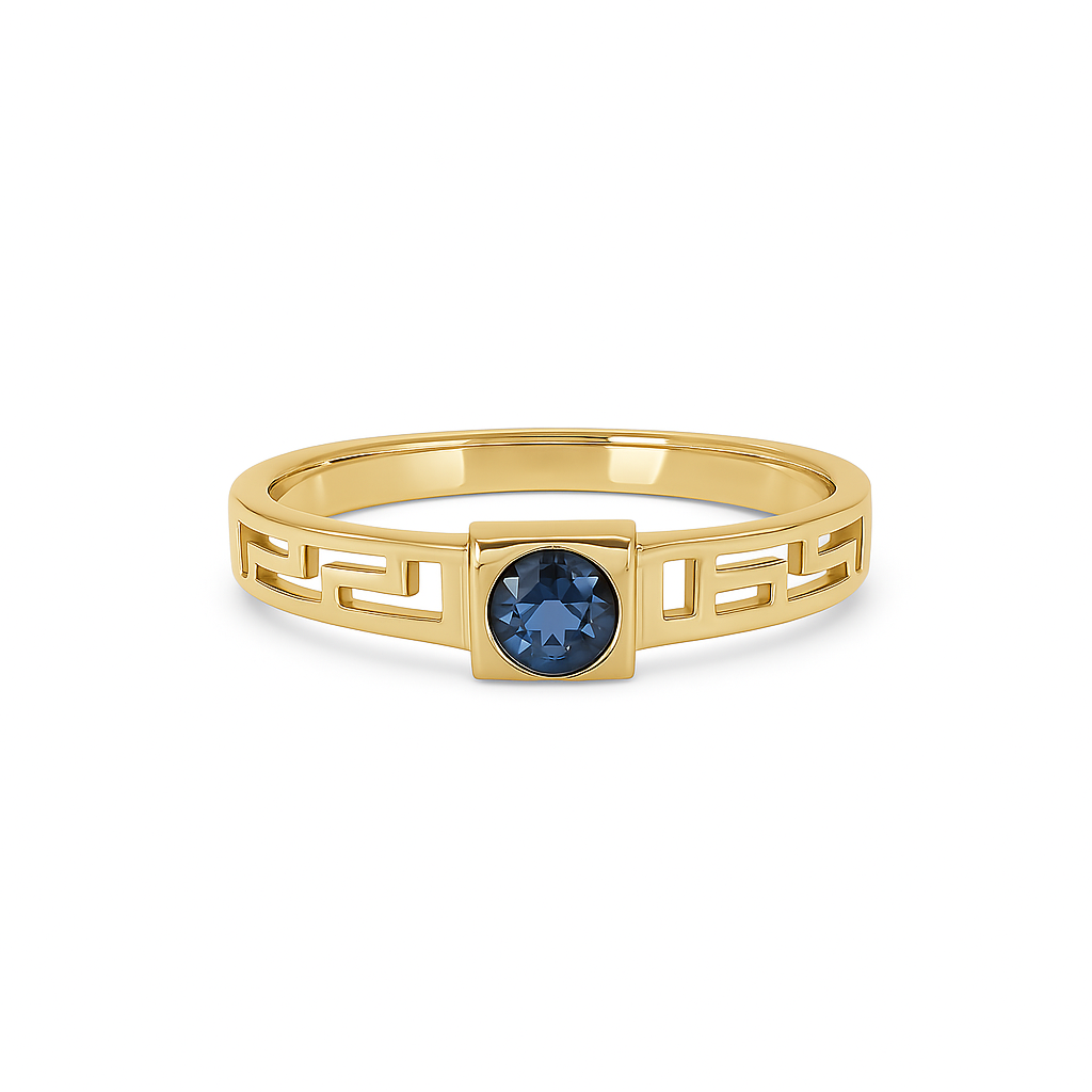 Adorable bague en or jaune 14 carats avec clé grecque et diamants 