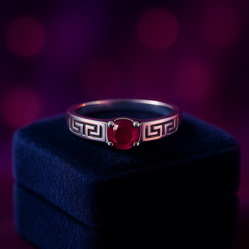 Greek key Ruby solitaire ring  14k gold