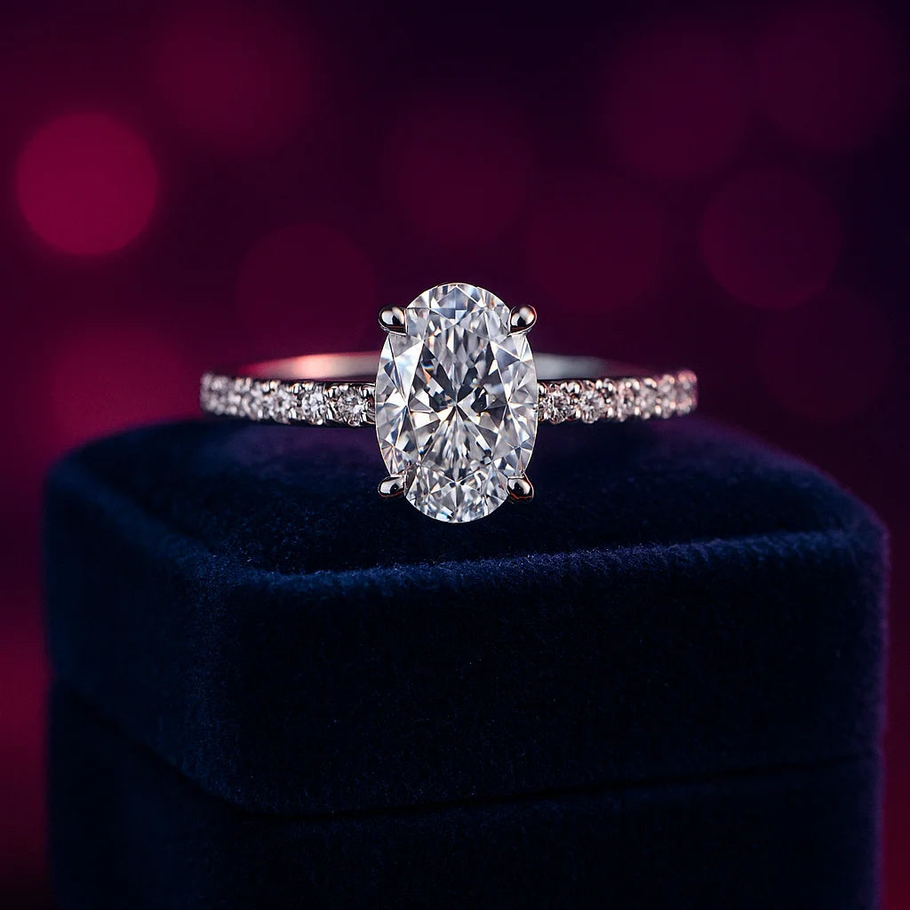 Bague solitaire ovale en diamant de laboratoire 2,26 (ct) VS1 E en or 14 carats 