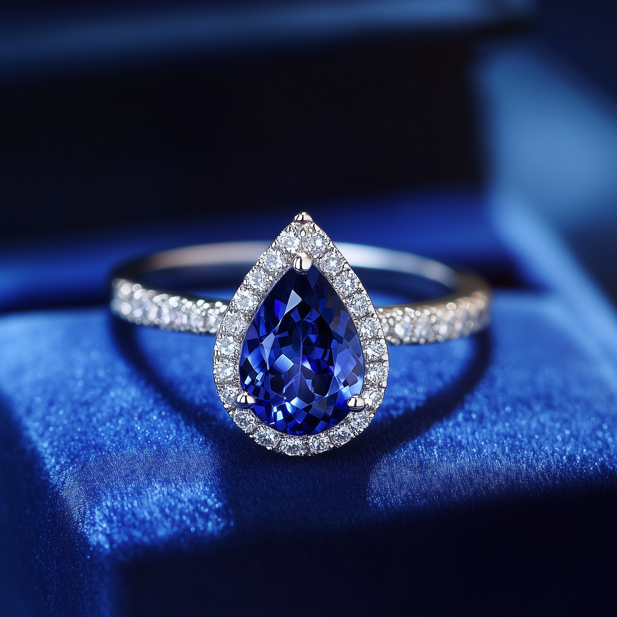 Pear shape tanzanite 1.26 CT 0.38 CT Diamonds halo ring 14k white gold
